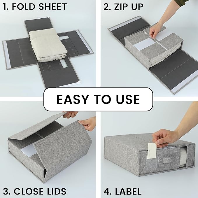 Simple&Opulence 4 Pack Bed Sheet Organizers and Storage, Linen Closet Organizers, Sheets Set Folder Storages with Window and Label (Queen/King Size) Organizing Bedding Container, Grey