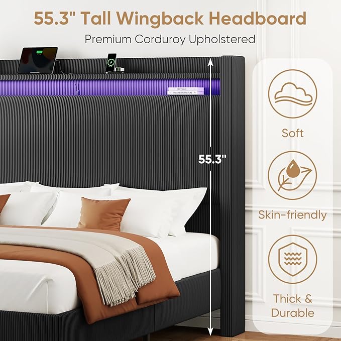 King Size Bed Frame with Tall Headboard, 55.3" Corduroy Upholstered Platform Bedframe with LED Lights & Charging Station, King Beds Wingback Storage Headboard, No Box Spring Needed, Wood Slats, Black