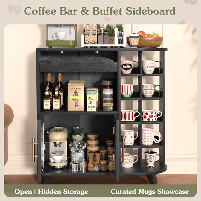 VINAEMO Coffee Bar Cabinet with 24-Cup Display, Large Drawer & Storage,Modern Buffet Sideboard for Kitchen, Medium Wooden Bar Station for Apartment，Black