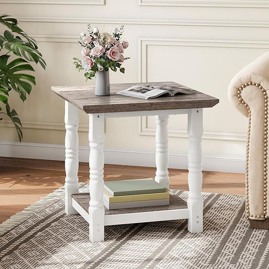 DWVO Farmhouse Square Coffee Table, Antique Accent Side Table with Floor Shelf, 23.6"x 23.6" Living Room Furniture, Vintage Ivory & White