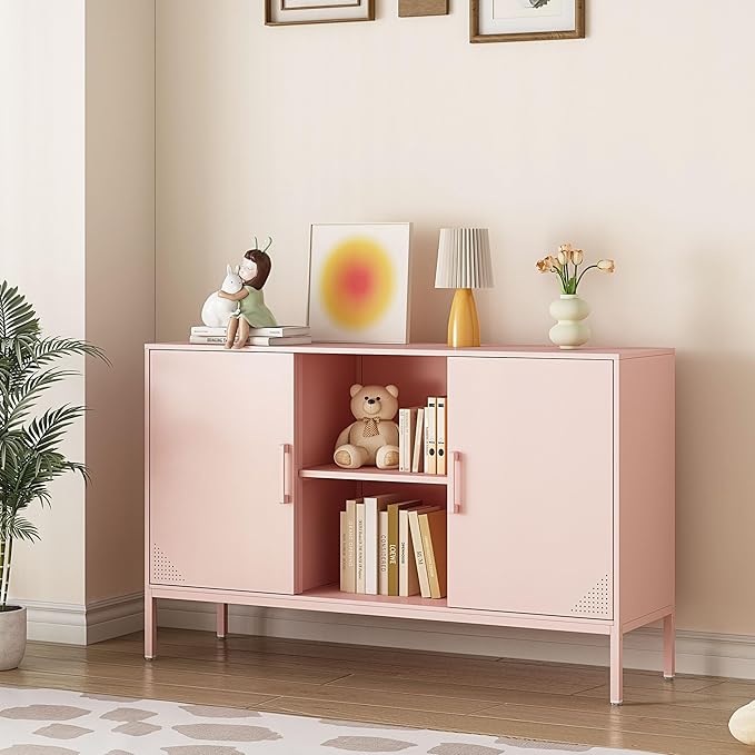 Accent Cabinet with 2 Door and Shelves TV Stand Metal Kids Locker Storage Cabinet Multipurpose Buffet Sideboard for Living Room, Kitchen, Bedroom, Dining Room, Entryway (Pink, H29.53'')