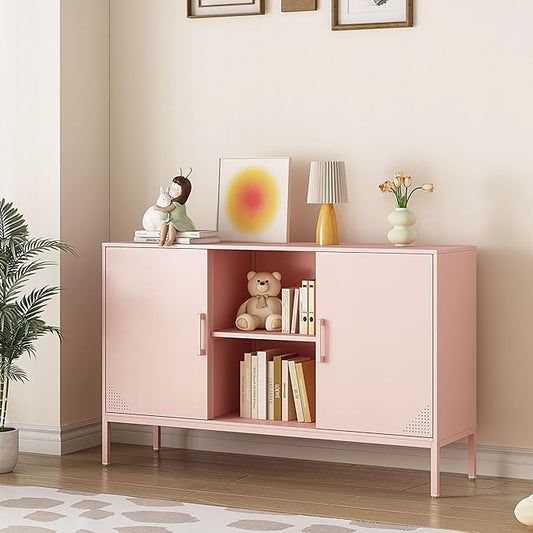 Accent Cabinet with 2 Door and Shelves TV Stand Metal Kids Locker Storage Cabinet Multipurpose Buffet Sideboard for Living Room, Kitchen, Bedroom, Dining Room, Entryway (Pink, H29.53'')