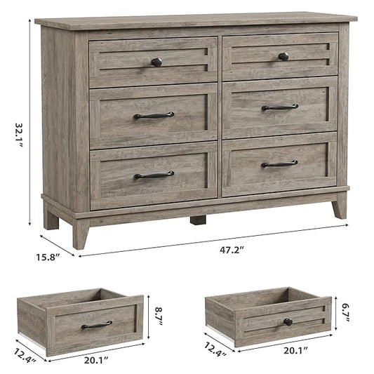 GarveeHome 6 Dresser for Bedroom, 47 in Wide Drawer Dresser with Storage Freestanding, Wooden Closet Storage Chest for Living Room, Bedroom, Entryway, Ash Grey