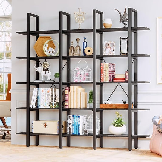 IRONCK Bookshelves Triple Wide 5 Tiers Large Open Shelves, Display Shelf with Back Fence for Home Office Decor, Easy Assembly, Vintage Black