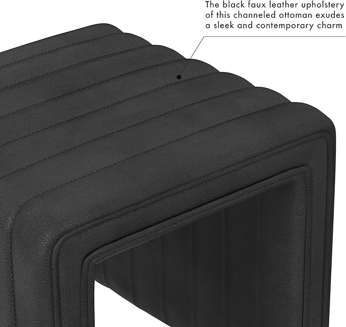 Spatial Order Modern Channel Tufted Ottoman | Spatial Order Home Décor | Ottoman for Living Room & Bedroom - Black Faux Leather