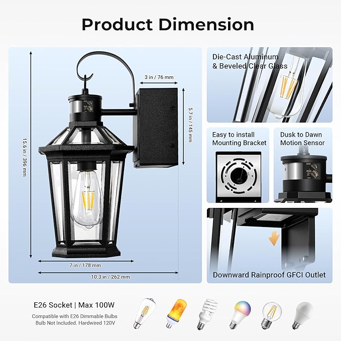 Gleamz Porch Lights Outdoor with GFCI Outlet, Black Motion Sensor Light Wall Mount, 100% Aluminum Anti-Rust Waterproof Outside Light Fixture for House Patio Garage, Adjustable Distance Time, 5 Modes