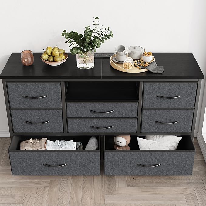 Jojoka 8-Drawer LED Dresser TV Stand with Power Outlet for 55'' TV - Wide Storage Chest for Bedroom, Living Room & Entryway, Wood Top Console Table with 22 Light Modes