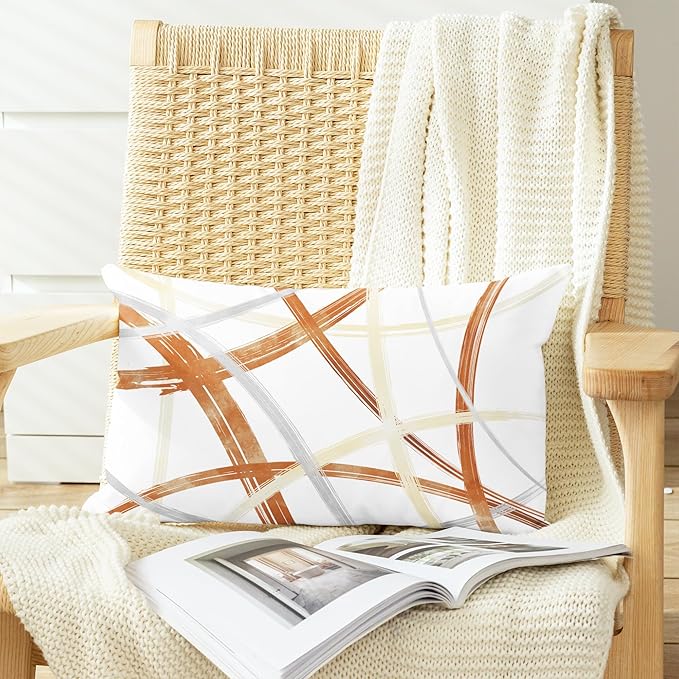 CaliTime Throw Pillow Cases Pack of 2 Cozy Fleece Arc-Shaped Abstract Geometric Lines Decorative Cushion Covers for Couch Bed Sofa Farmhouse Decoration 12 X 20 Inches Burnt Orange Light Gold Grey