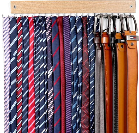 Belt and Tie Organizer for Closet, Tie and Belt Rack Wall Mounted with 20 Storage Hooks, Non Slip 180 Degree Rotating Tie Holder Belt Hanger for Closet / Wall Mount