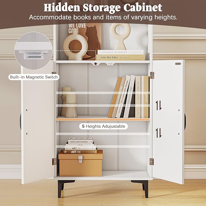 6 Tier Bookshelf with Doors and Adjustable Shelf, 72in Tall Bookcase with Storage Cabinet, White Farmhouse Bookshelves Wood for Living Room, Bedroom, Home Office