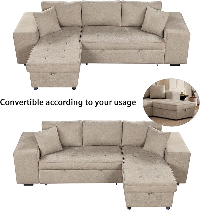 Merax 3 Seat Reversible Sectional Couch, Modern L-Shape Pull Out Sleeper Sofa with Storage Chaise and 2 Stools for Living Room Furniture Set, Cream