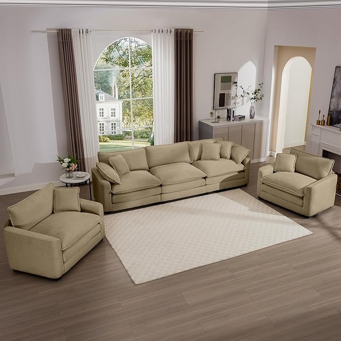 KEIKI 3-Piece Sofa Set with 1 Oversized Corduroy 3-Seater Sofa & 2 Single Sofa, Upholstered 5-Seater Couch Set with 7 Pillow, High-Density Foam Cushions, Removable Armrests, for Living Room, Tan