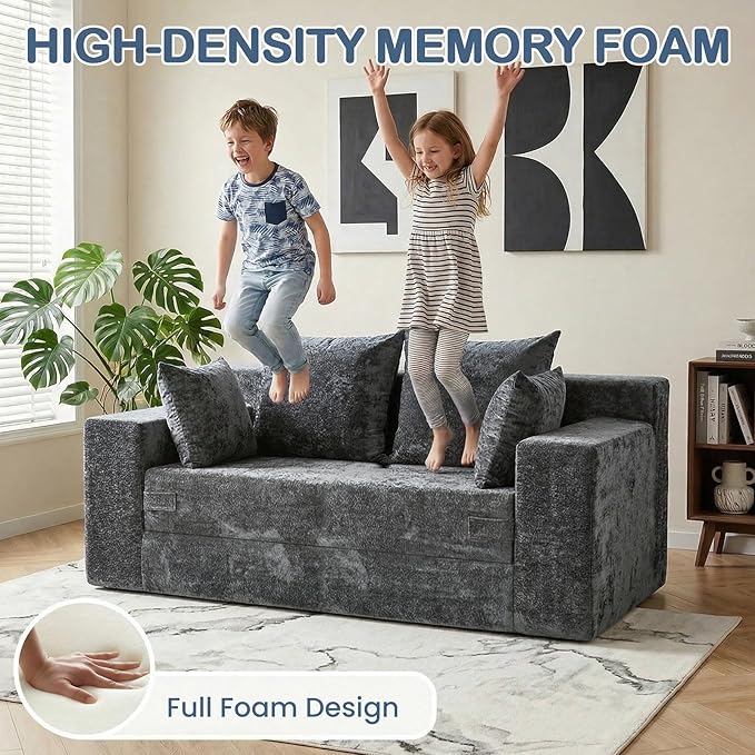 Boneless Loveseat Sleeper Sofa Bed, 3-in-1 Convertible Sofa Bed and Floor Futon Couch (Velvet-Grey, Loveseat (55"))