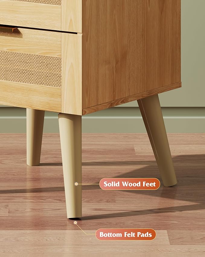 WLIVE Wooden Nightstands Set of 2, Rattan Night Stand with 2 Drawers, Boho Nightstand with Solid Legs, Bed Side Table for Bedroom, Living Room, Natural Oak