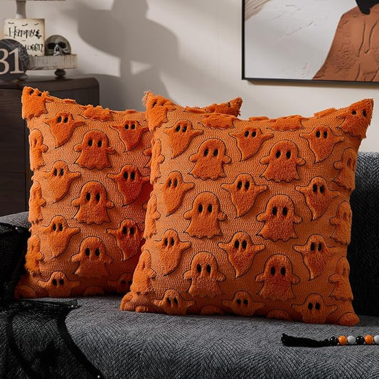 DFXSZ Halloween Pillow Covers 20x20 inch Set of 2 Orange White Ghost Throw Pillow Cases Soft Plush Faux Fur Wool Couch Cushion Case for Chair Sofa Bedroom Living Room Home Decor PTK03K20