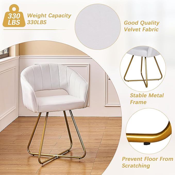 VECELO Velvet Accent Chair Set of 2, Luxury Vanity & Dining Chair with Gold Cross Base, 360°Swivel Upholstered Armchair for Living Room, Bedroom, Home Office, Pearl White