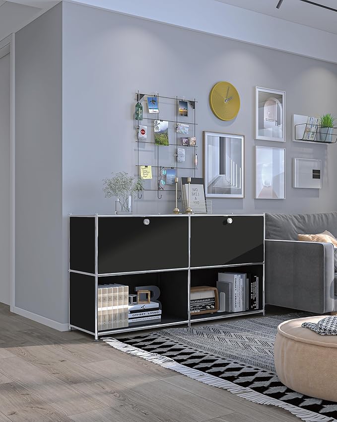 Metal Sideboard with 2 Flap Doors, DIY Modern Home Furnishing,Perfect for Home, Office, Kitchen, Hallway,Foyer Organization(Black)