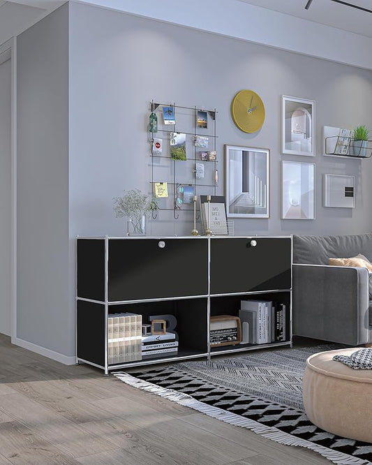 Metal Sideboard with 2 Flap Doors, DIY Modern Home Furnishing,Perfect for Home, Office, Kitchen, Hallway,Foyer Organization(Black)