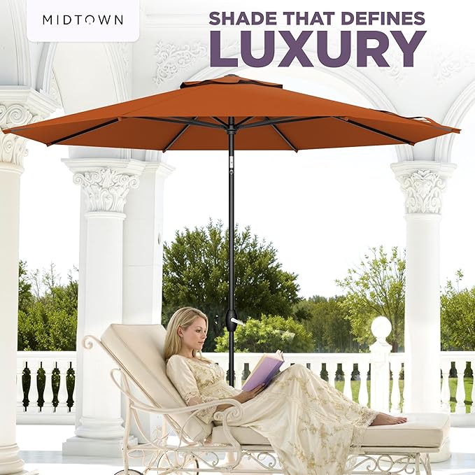 Midtown Umbrellas - The Lean 9 Ft Patio Umbrella with Fade-Resistant Sunbrella Fabric, Auto-Tilt Aluminum Frame and 8 Reinforced Ribs for Deck, Pool & Garden - Terracotta Canopy, Black Pole