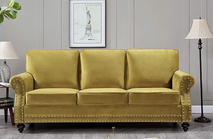 Container Furniture Direct Lotus Mid Century Modern Velvet Upholstered Living Room Rolled Arms, Chair, Loveseat and Sofa, Strong Yellow