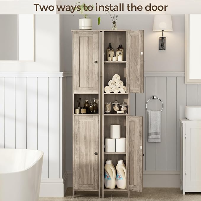 Tall Bathroom Storage Cabinet with 2 Doors, 67"H Narrow Storage Cabinet with Adjustable Shelves& Anti-Tip Design, Reversible Door Installation, Easy Assembly, 11.8 x 11.8 x 66.9 Inches, Greige