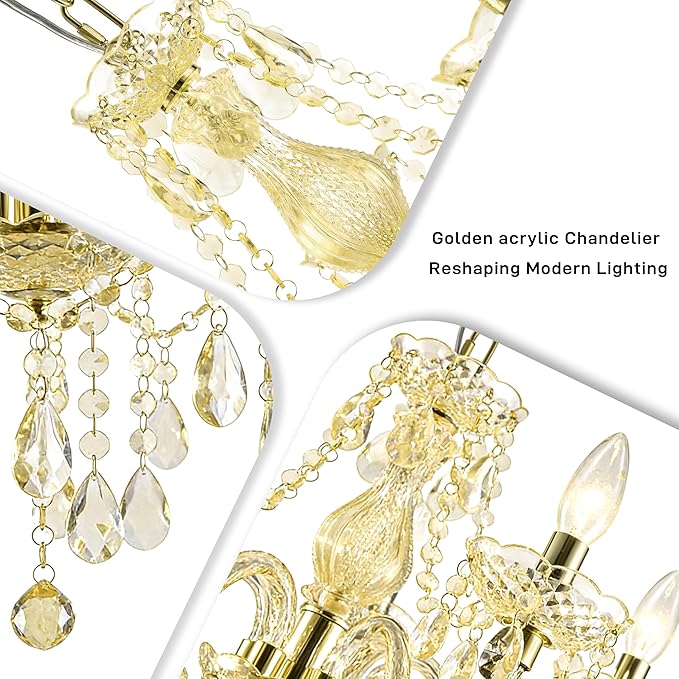 PAPAYA Plug-in 5 Light Gold Crystal Hanging Pendant Lights Acrylic Chandelier with Cord & On/Off Switch H19 D19.7 for Kitchen Island Girls' Room Dining Area Laundry Pavilion