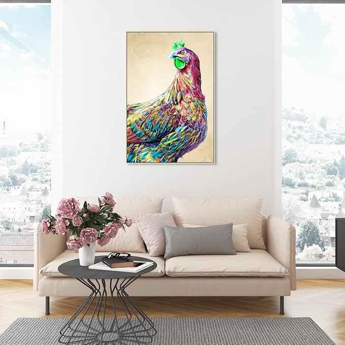 Country Farmhouse Canvas Print Painting Animal Wall Art 'Fun Colorful Glam Rooster' Champagne Framed Canvas Rustic Home Décor 30x45 in Pink, Green by Oliver Gal