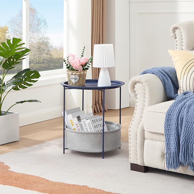 VECELO Round Side/End Table with Fabric Storage Basket，Metal Anti-Rust and Waterproof Small Bedside Nightstand with Removable Tray Top for Living Room，Balcony & Laundry，Blue /1pcs with Basket