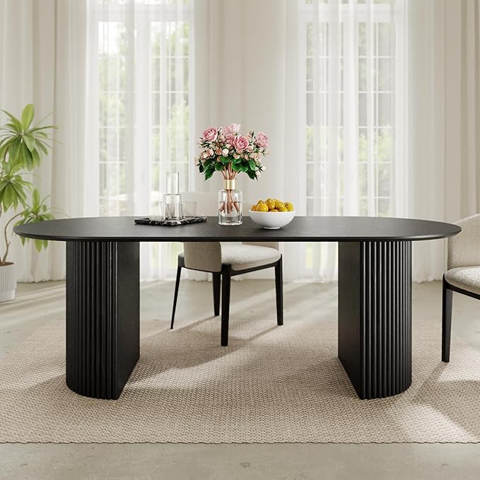 Casaphoria 79" Oval Dining Table, Modern Wood Kitchen Table with Cylinder Stripe Base for Living Room & Dining Room, Easy Assembly Farmhouse Furniture for 6-8, Black