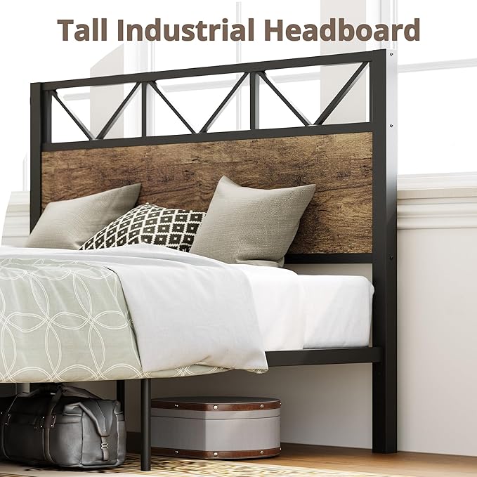 LIKIMIO Queen Bed Frame, Tall Industrial Headboard 51.2 ", Platform Bed Frame with Strong Metal Support, Solid and Stable, Noise Free, No Box Spring Needed, Easy Assembly, Rustic Maple