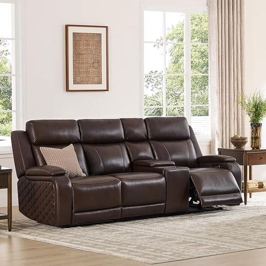 Watson & Whitely Genuine Leather Power Recliner Sofa with Console, 3 Seater Zero Gravity Reclining Sofa with Power Headrest & Flip Middle Backrest Table, Cup Holders for Living Room, Dark Brown