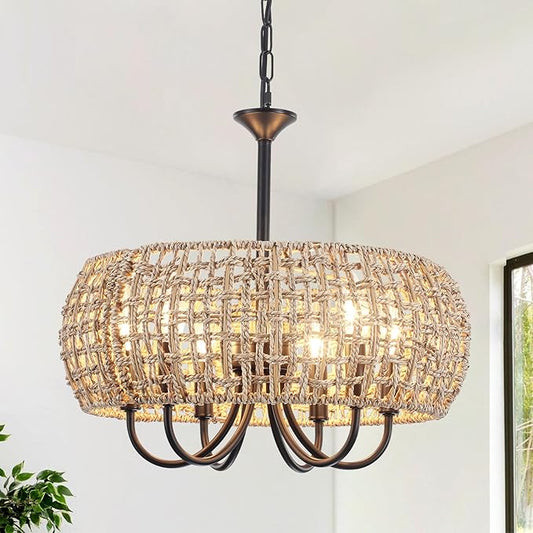 18'' Hand Woven Rattan Chandelier, 6-Light Rattan Pendant Light Farmhouse Chandeliers for Dining Room Light Fixture, Rustic Chandelier Wicker Hanging Pendant Lighting for Bedroom Living Room Foyer