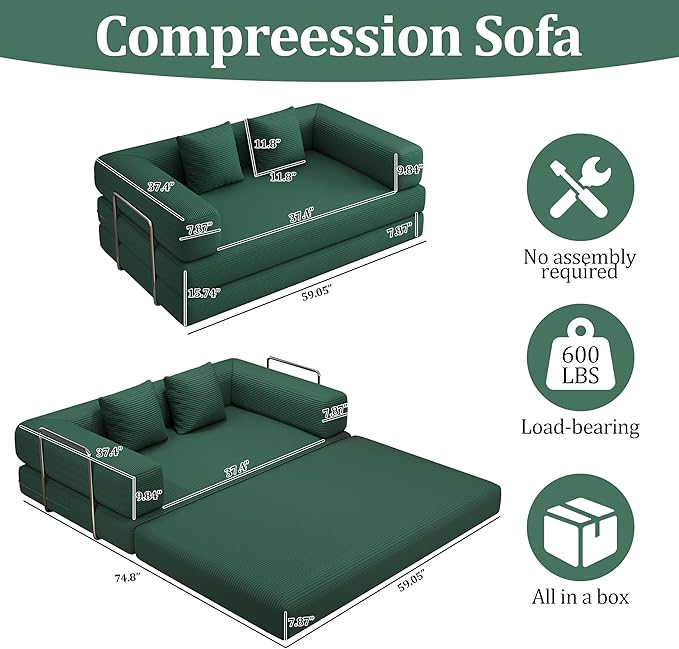 BSHOMGI 4-in-1 Foldable Sofa Bed Teddy Fabric Foam-Filled Compressed Couch, Convertible Loveseat Sofa, Boneless FoldingSleeper for Living Room, Guest Bed, Playroom (Green, 59” 2 Seat)