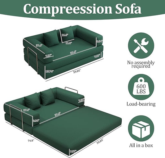 BSHOMGI 4-in-1 Foldable Sofa Bed Teddy Fabric Foam-Filled Compressed Couch, Convertible Loveseat Sofa, Boneless FoldingSleeper for Living Room, Guest Bed, Playroom (Green, 59” 2 Seat)