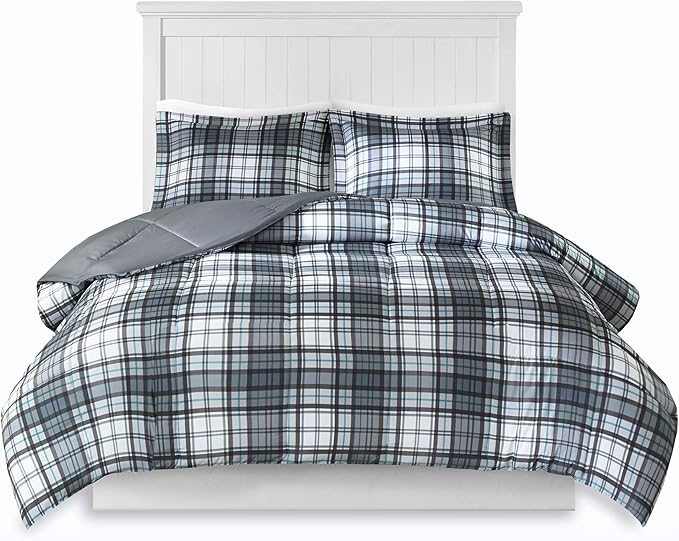 Madison Park Essentials Parkston Plaid Comforter, Matching Sham, 3M Scotchguard Stain Release Cover, Hypoallergenic All Season Bedding-Set, King/California King, Grey, 3 Piece