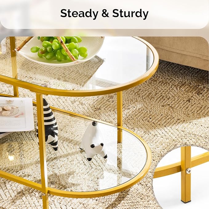 VINGLI 38" Oval Coffee Table, Transparent Glass Metal Coffe Table for Home Decor, Modern Center Table with 2-Tier Storage, Long Coffee Tables for Living Room, Office, Small Space, Champagne Gold