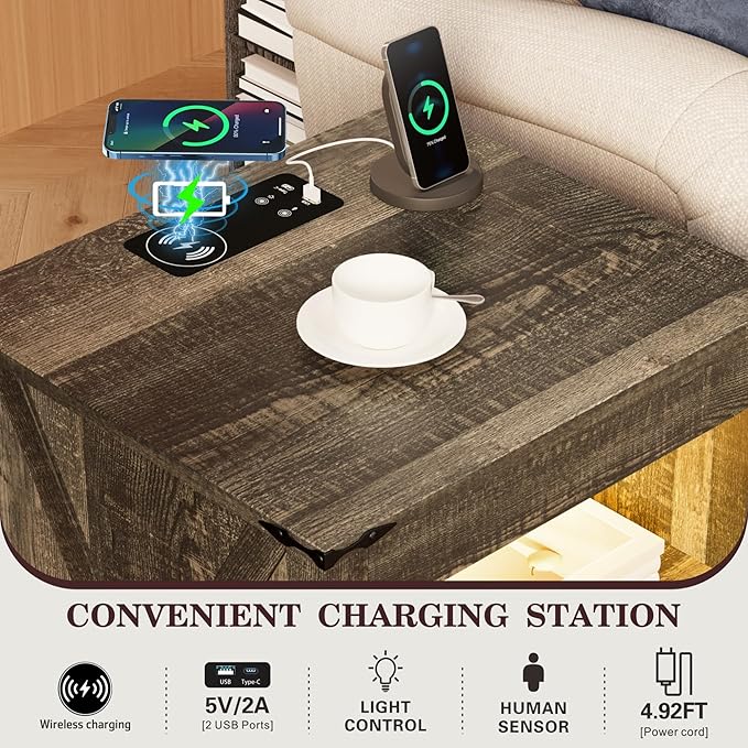 Farmhouse Nightstand with Gun Drawer, Bedside Table with Charging Station, Gun Night Stand with LED Light & Human Sensor, Smart End Table for Bedroom, Rustic Brown
