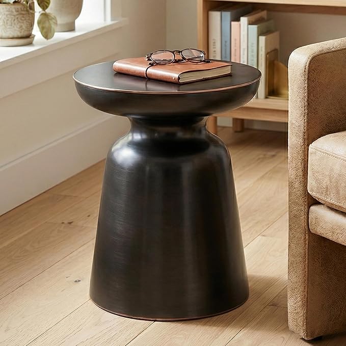 SIMPLIHOME Toby Metal Table - 17" Wide x 18" High Solid Iron Drum Accent Table in Antique Copper, Industrial Side or End Table for Living Room, Bedroom or Entryway with Sculptural Design, Assembled