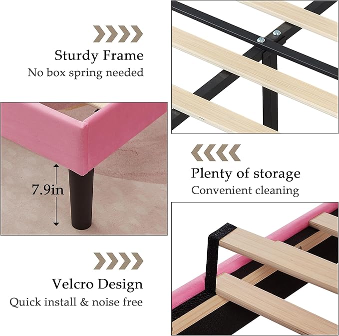 VECELO Queen Size Bed Frame Premium Velvet Upholstered Platform with Height Adjustable Headboard/Mattress Foundation, Solid Wooden Slat Support, No Box Spring Needed/Easy Assembly