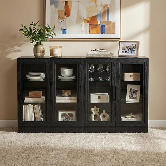 Casaphoria Adam Sideboard Buffet Cabinet with Storage, Display Cabinet with Glass Doors & Adjustable Shelves, 62" W x 36" H Buffet Cabinet for Entryway Kitchen Living Room, Black