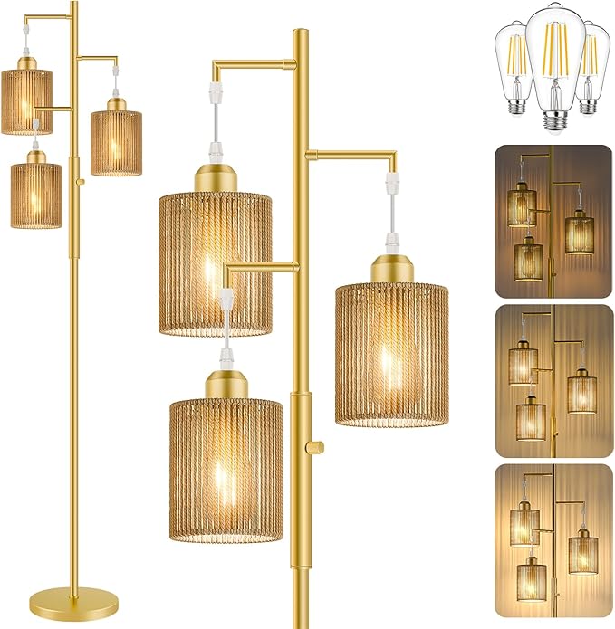 Hotsonic 72" Rattan Boho Floor Lamp, Tall Dimmable Standing Lamp with Handcrafted Beige Shade, Industrial Tree Floor Lamps for Living Room, Bedroom, Study Room, Office(3x800LM LED Bulbs Included)-Gold