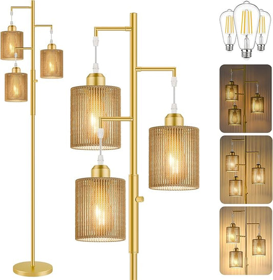 Hotsonic 72" Rattan Boho Floor Lamp, Tall Dimmable Standing Lamp with Handcrafted Beige Shade, Industrial Tree Floor Lamps for Living Room, Bedroom, Study Room, Office(3x800LM LED Bulbs Included)-Gold