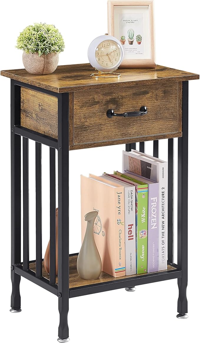 VECELO Nightstands, Industrial Side Table/End Tables with Drawer and Storage Shelf, Night Stands for Bedroom, Living Room, Wood Metal Furniture, Easy Assembly,Antique Brown,1 Set