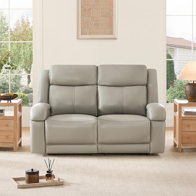 Watson & Whitely Genuine Leather Power Loveseat Recliner Sofa, 2 Seat Wall Hugger Reclining Sofa with Power Headrest & Charging Ports, Dual Recliner Sofas for Living Room, RV, Grey