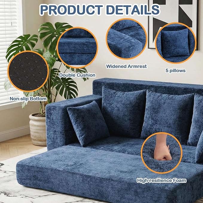 Boneless Couches 70", 3 Seater Boneless Couch with Pull Out Sofa Bed, Boneless Couch with 5 Pillows, Plush Velvet Sofa for Living Room & Bedroom, Blue