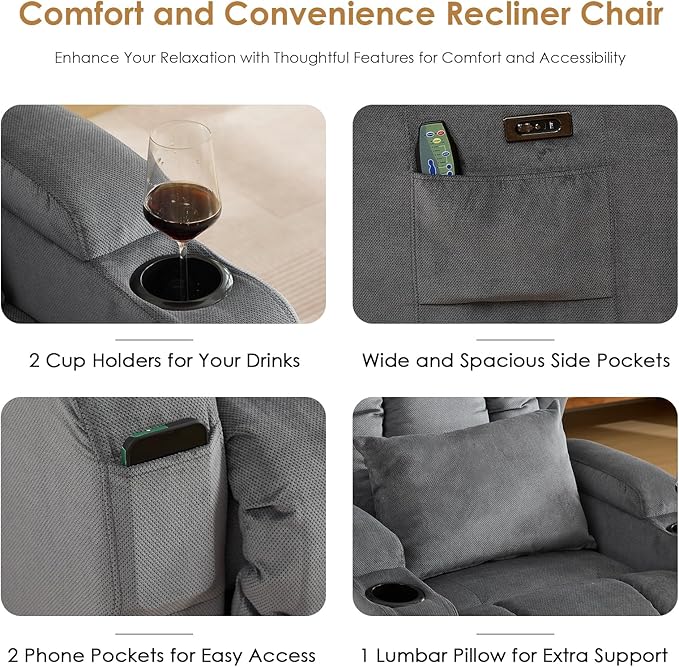 SAMERY Power Recliner Chair, Electric Wall Hugger Recliner Chair Reclining Sofa Home Theater Seating for Living Room with Massage & Heat, USB, LED Lights, Cup Holders, Side Pockets, Lumbar Pillow | 1-Inch Wall Hugger, Extra Wide Seat, Full Body Comfort...