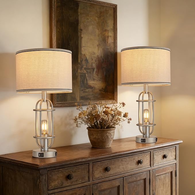Table Lamps for Living Room Set of 2, 22.3" Farmhouse Lamps for Nightstand, Industrial Table Lamps for Bedroom with USB Ports, Bulbs Included