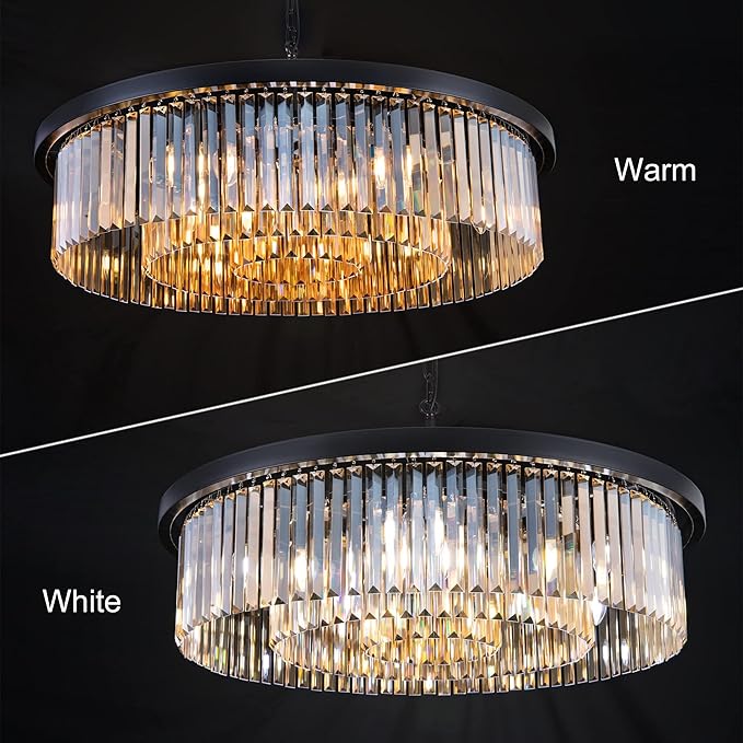 Wellmet Crystal Chandeliers for Dining Room,3 Tiers Black Farmhouse Chandelier for Bedrooms,9 Lights Modern Light Fixture for Kitchen Island,Living Room,Hallway,Golden Teak,W-33.46”
