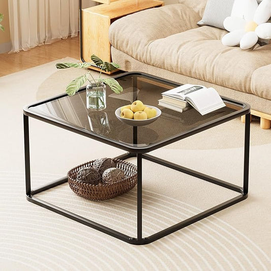 Coffee Table Glass, Minimalist Square Tables for Living Room, Modern Center Table for Office or Small Space, Sturdy Metal Frame, Easy Assembly, 26.4 x 26.4 x 15.7 Inches, Black & Grey Glass