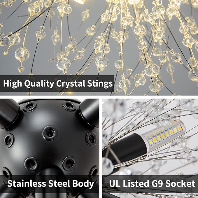 CM MZY Modern Crystal Chandeliers Firework, Matt Black Dandelion Sputnik Ceiling Light Fixtures, Sputnik Chandelier Pendant Light for Bedroom Living Room Dining Room Kitchen Island Hallway